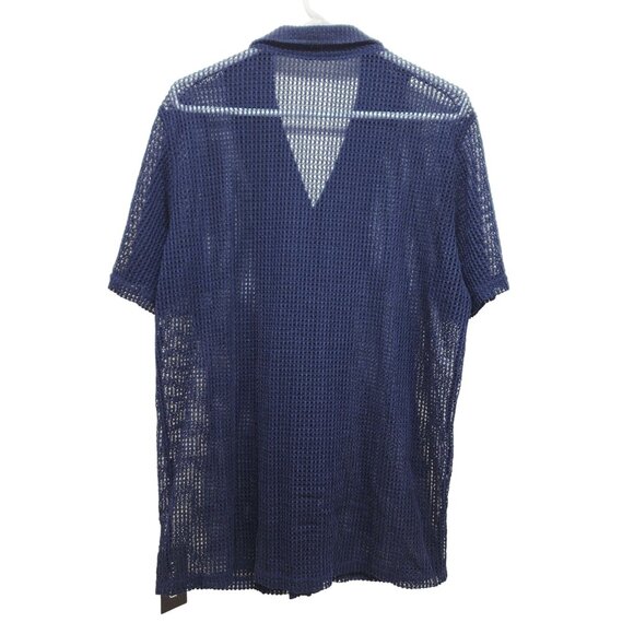Mens Navy Blue Mesh Button-Up Shirt By URRU Size L Short Sleeve Lightweight - Picture 2 of 10